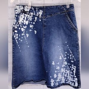 Azzure Denim Blue & White Splattered Back Zippered 4 Pocket Jean Skirt Size 10